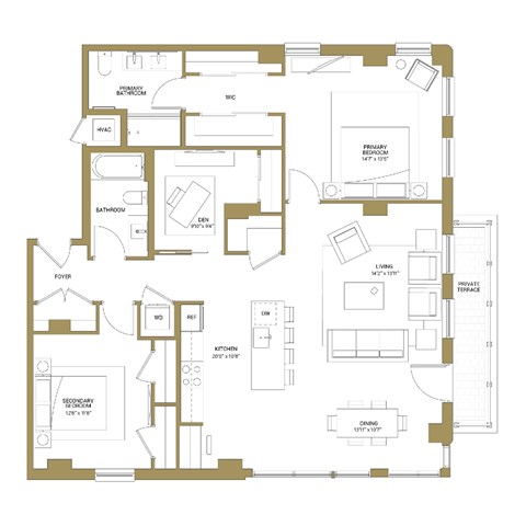 A floor plan of a house with a living room, dining room, kitchen, and bathrooms.